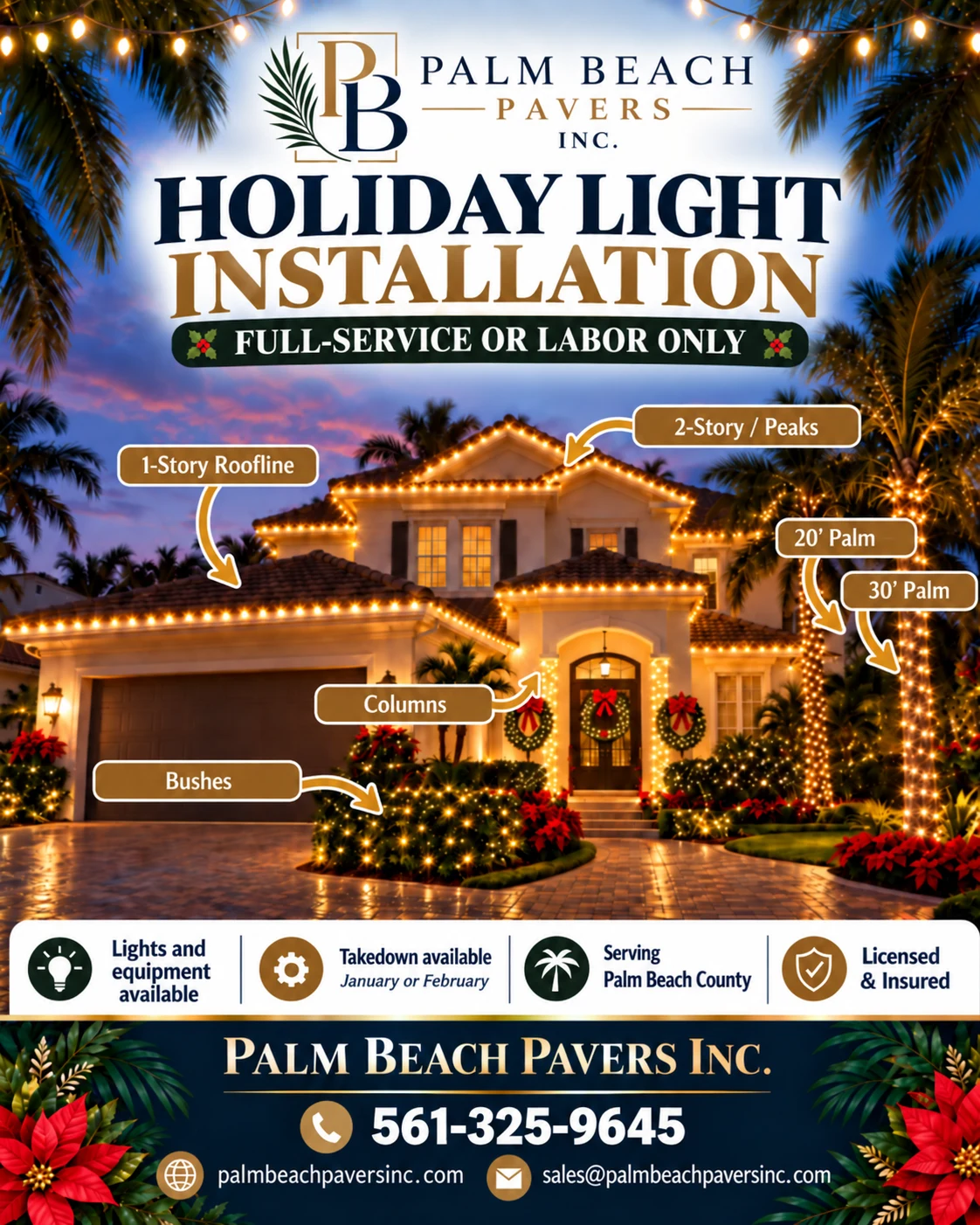Palm Beach Pavers holiday light installation options for rooflines, peaks, palms, columns and bushes
