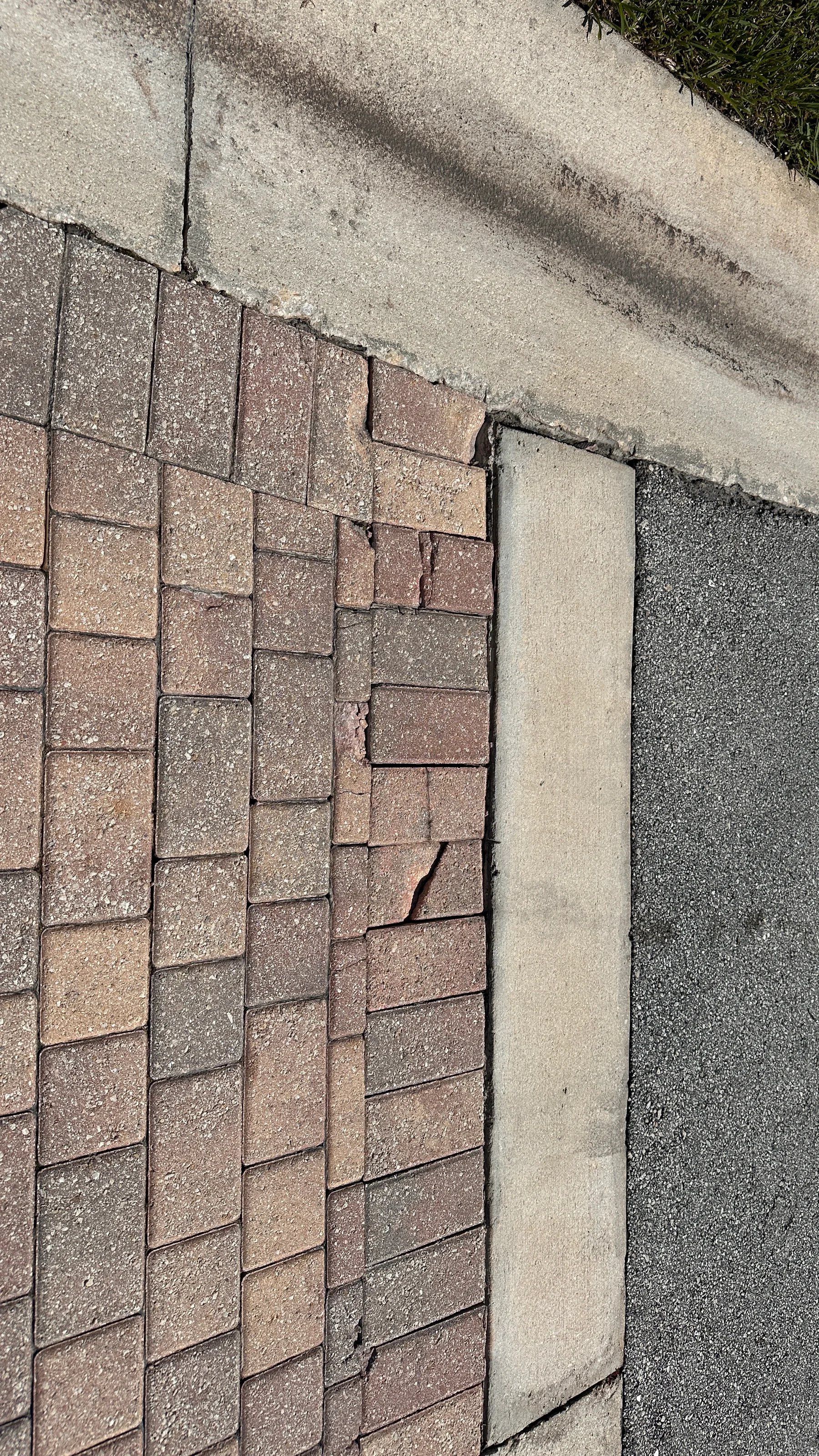 Broken and displaced pavers along a Delray Beach driveway edge before repair
