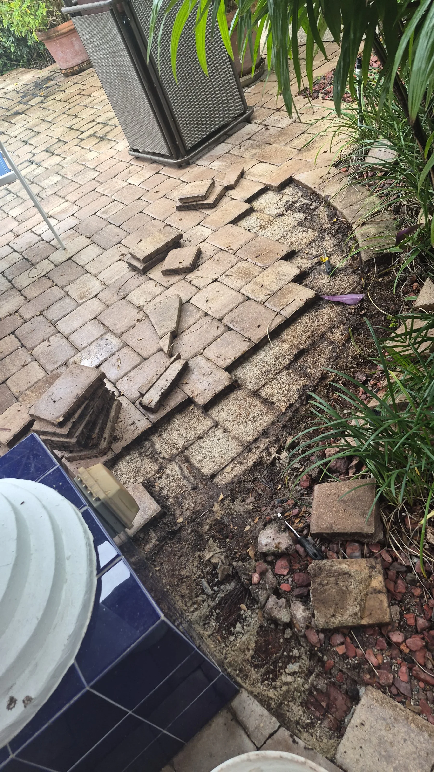 Pavers lifted to expose bedding during a localized Palm Beach County repair