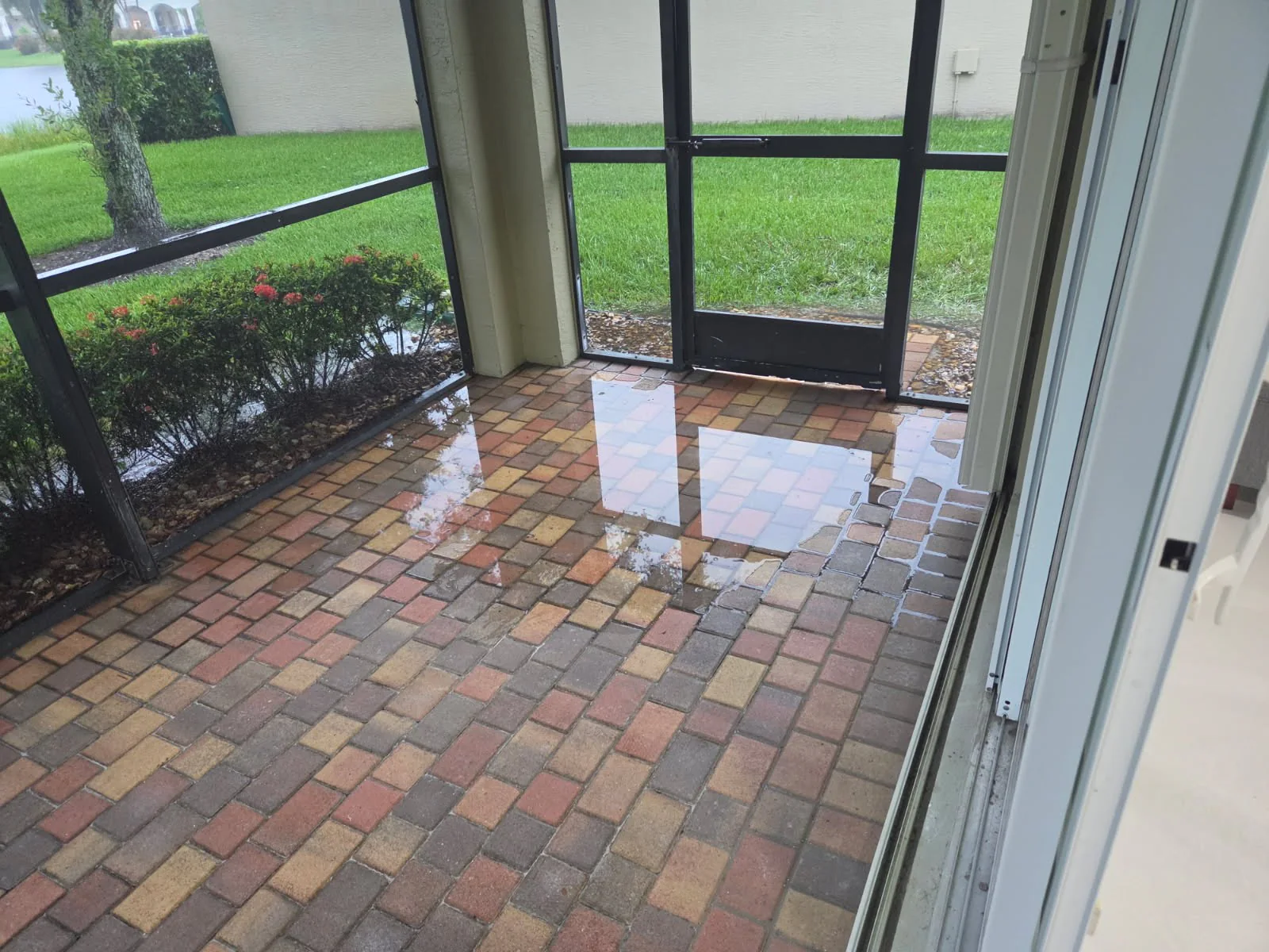 Standing water across screened patio pavers before drainage-related repair in Delray Beach